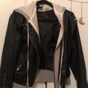 Black leather jacket with built-in hoodie!